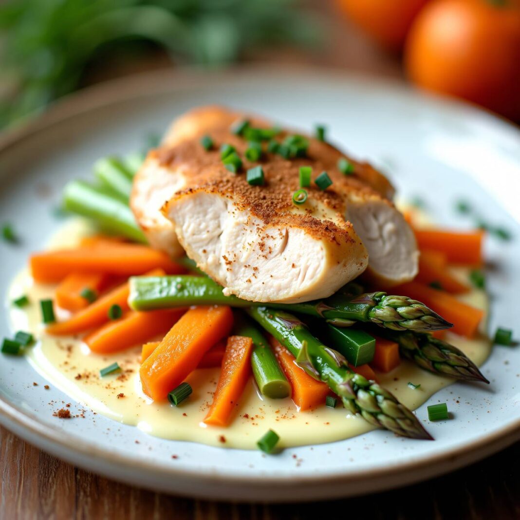 Pochiertes Hühnerbrustfilet mit Spargel-Karotten-Gemüse Rezept Pochiertes Hühnerbrustfilet mit Spargel-Karotten-Gemüse Rezept