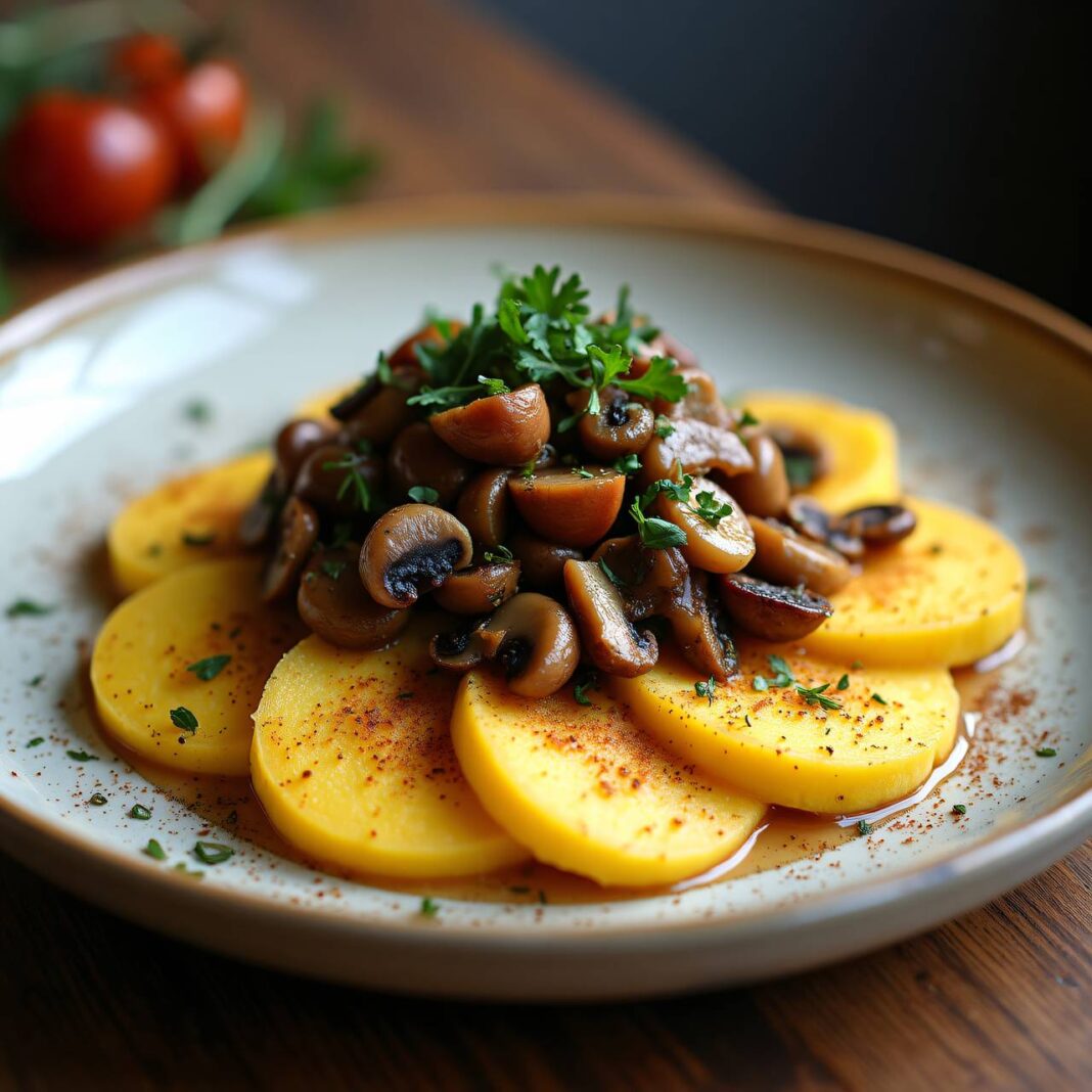 Polenta-Schnitten mit pikantem Pilz-Ragout Rezept Polenta-Schnitten mit pikantem Pilz-Ragout Rezept