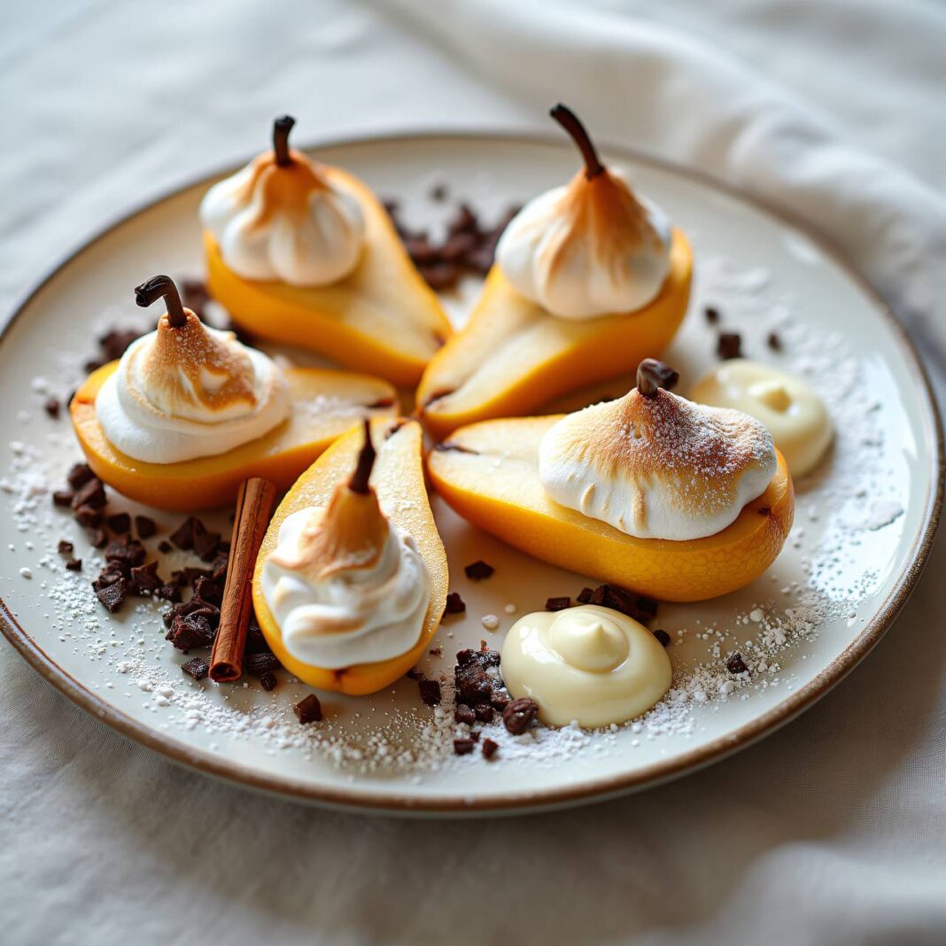 Pralinen-Birnen mit Meringuehäubchen Rezept Pralinen-Birnen mit Meringuehäubchen Rezept
