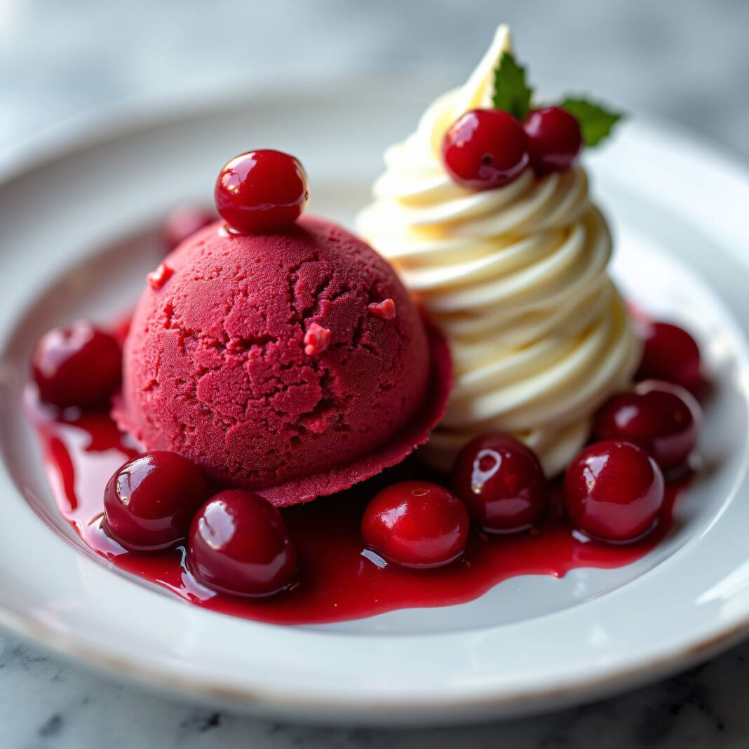 Preiselbeersorbet mit weißem Schokoladenrahm Rezept Preiselbeersorbet mit weißem Schokoladenrahm Rezept