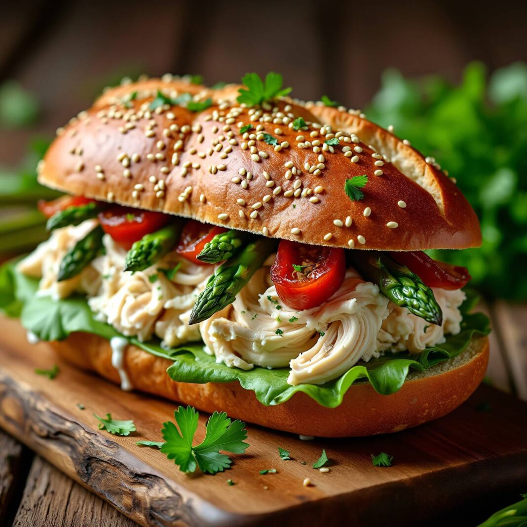 Pulled Chicken Sandwich mit Spargeln Rezept Pulled Chicken Sandwich mit Spargeln Rezept