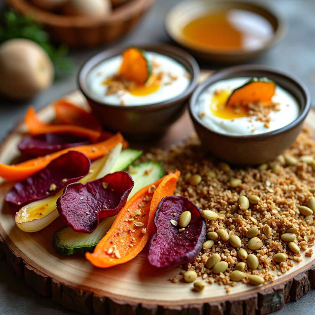 Quinoa-Granola mit Gemüsechips und Quark (Low Carb) Rezept Quinoa-Granola mit Gemüsechips und Quark (Low Carb) Rezept