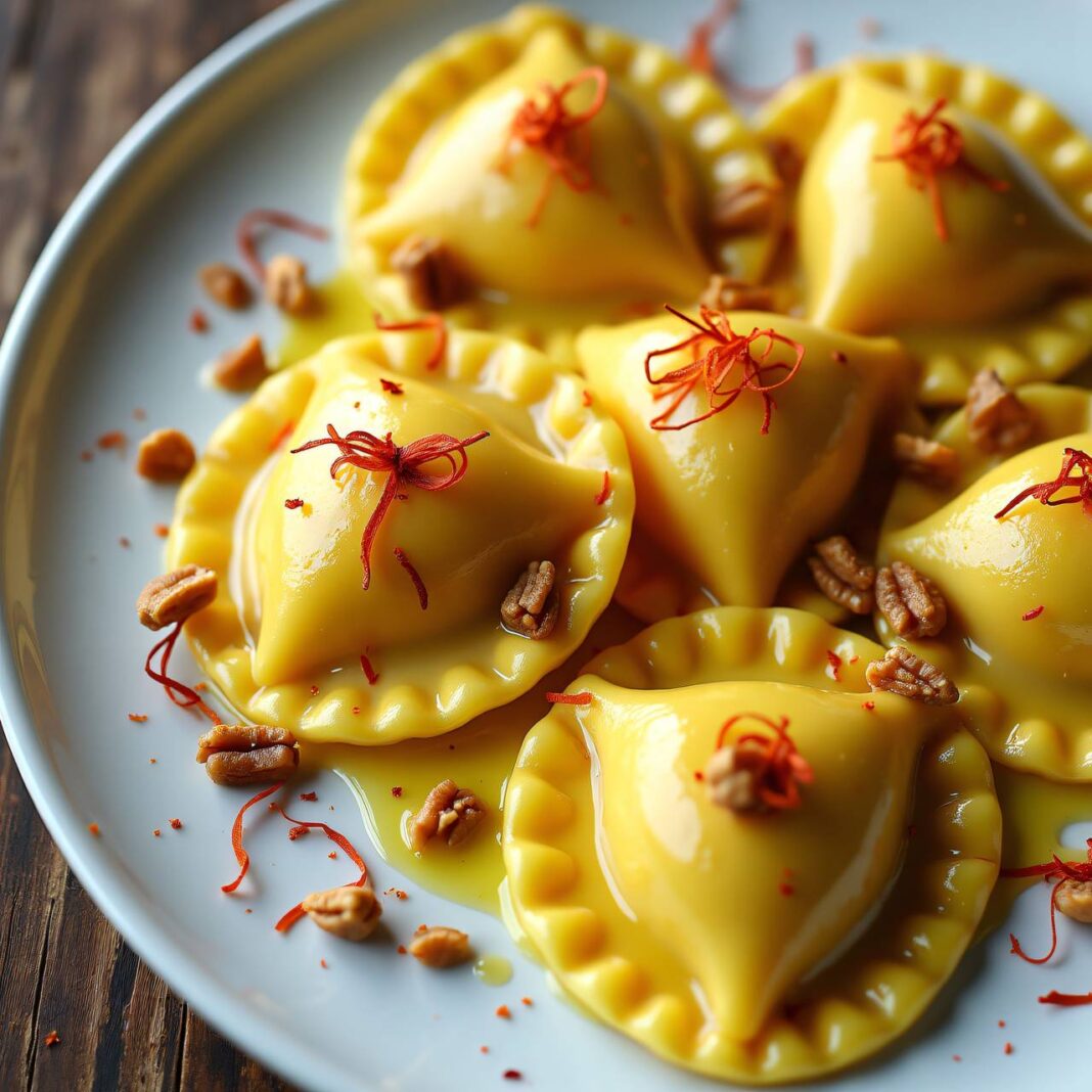 Ravioli mit Lauch-Walnuss-Füllung an Safransauce Rezept Ravioli mit Lauch-Walnuss-Füllung an Safransauce Rezept