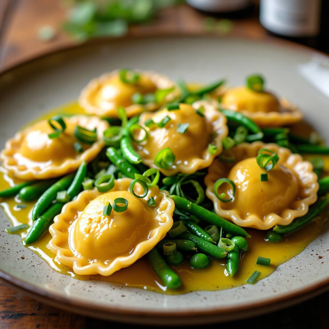 Riesenravioli mit Brie auf Erbsen Rezept Riesenravioli mit Brie auf Erbsen Rezept