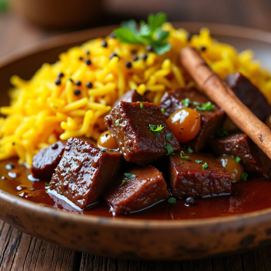 Rindfleisch in dunkler Biersauce mit Gewürzreis Rezept Rindfleisch in dunkler Biersauce mit Gewürzreis Rezept