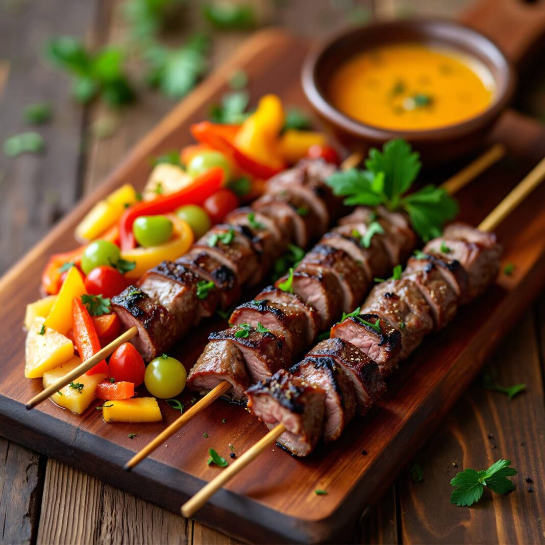 Rindfleisch-Spieß mit Zwiebel-Paprika-Sauce Rezept Rindfleisch-Spieß mit Zwiebel-Paprika-Sauce Rezept