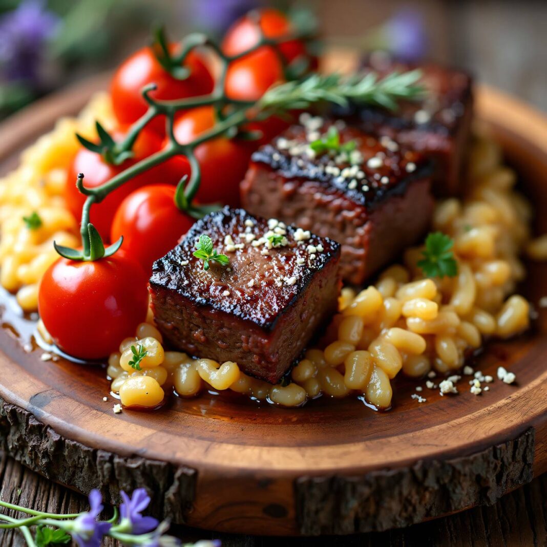 Rindshuft-Würfel mit Zweigtomaten und Balsamico-Risotto Rezept Rindshuft-Würfel mit Zweigtomaten und Balsamico-Risotto Rezept