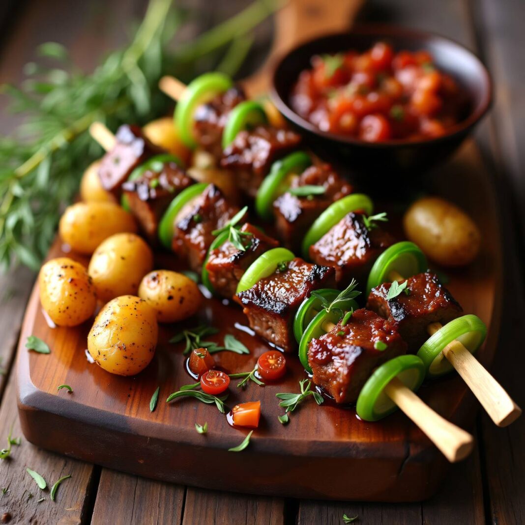 Rindshuftspieße mit Tomaten-Schalotten-Chutney Rezept Rindshuftspieße mit Tomaten-Schalotten-Chutney Rezept