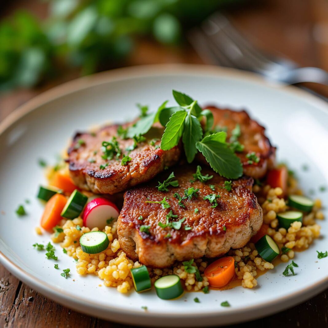 Rindsschnitzel mit Kresse-Jus und Frühlings-Couscous Rezept Rindsschnitzel mit Kresse-Jus und Frühlings-Couscous Rezept