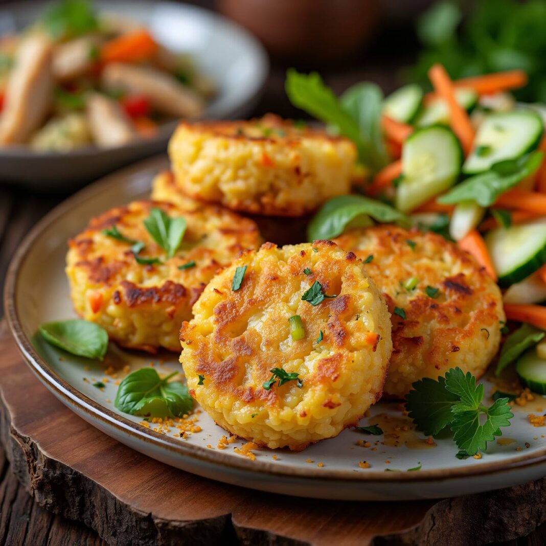 Risotto-Tätschli mit Hühnersalat Rezept Risotto-Tätschli mit Hühnersalat Rezept