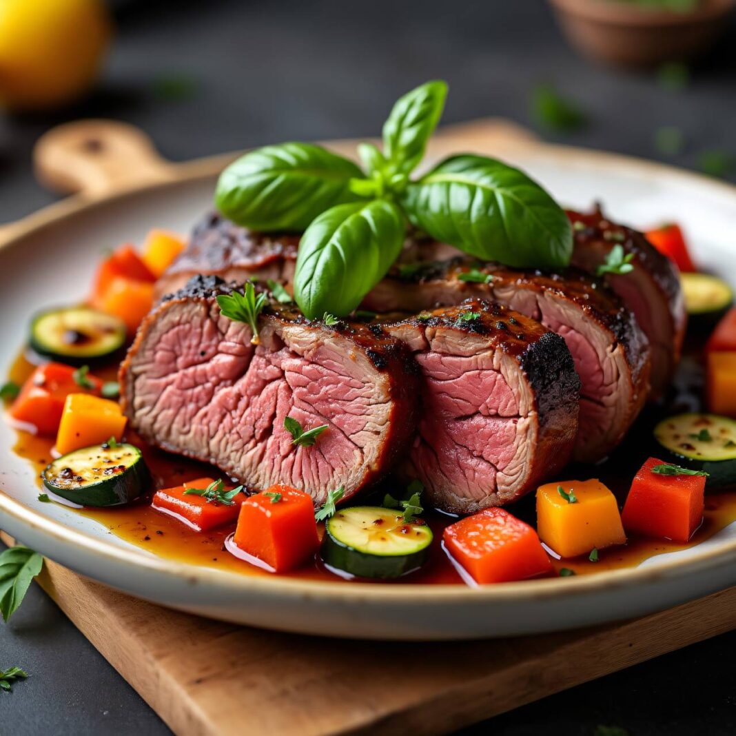 Roastbeef mit Balsamico-Gemüse-Vinaigrette Rezept Roastbeef mit Balsamico-Gemüse-Vinaigrette Rezept