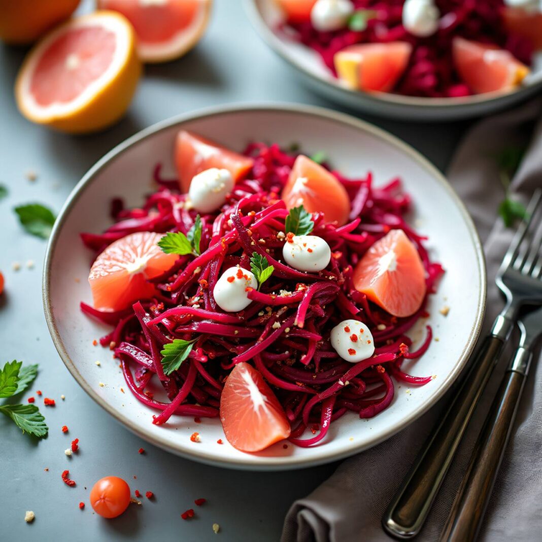 Roher Rote Rübensalat mit rosa Grapefruit Rezept Roher Rote Rübensalat mit rosa Grapefruit Rezept