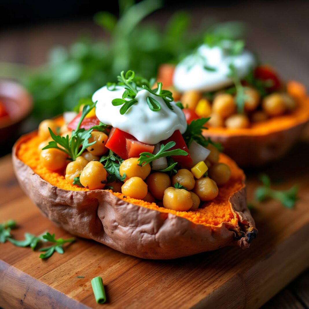 Rohr-Süsskartoffeln mit Kichererbsen und Tzatziki Rezept Rohr-Süsskartoffeln mit Kichererbsen und Tzatziki Rezept