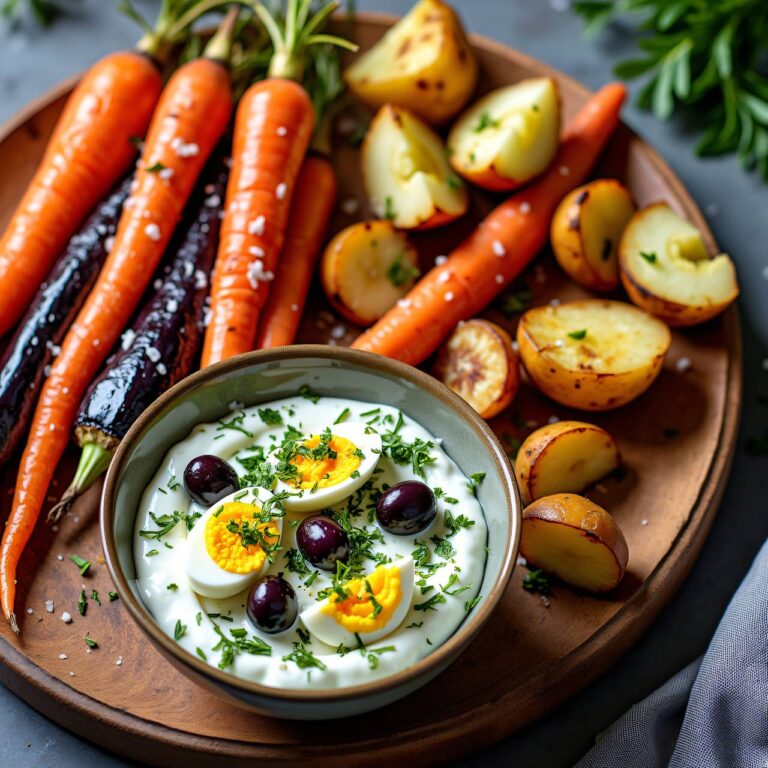 Rohrgemüse mit Kartoffelschnitzen und Eier-Kräuter-Quark Rezept