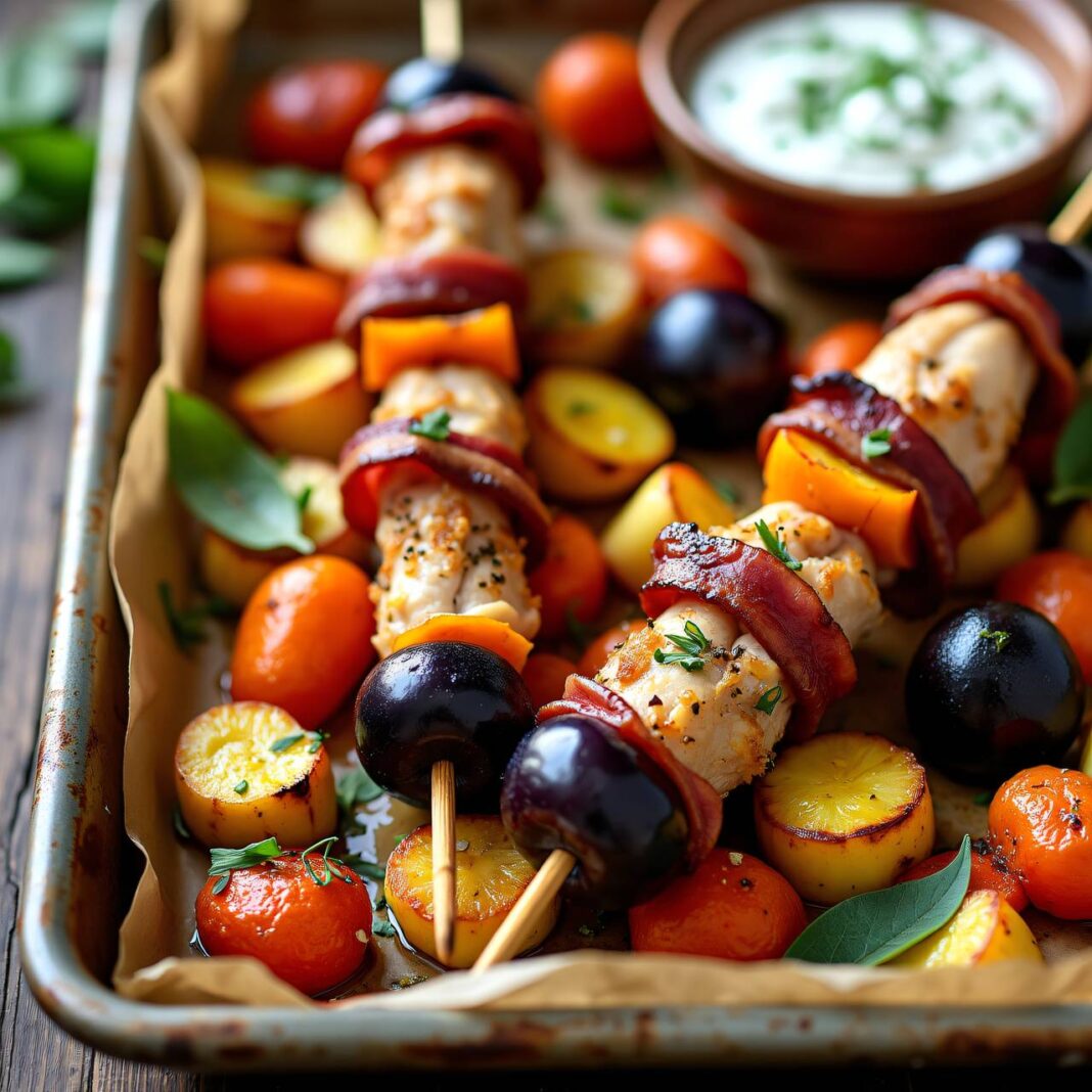 Rohrgemüse mit Pflaumen-Hühnerspießen Rezept Rohrgemüse mit Pflaumen-Hühnerspießen Rezept
