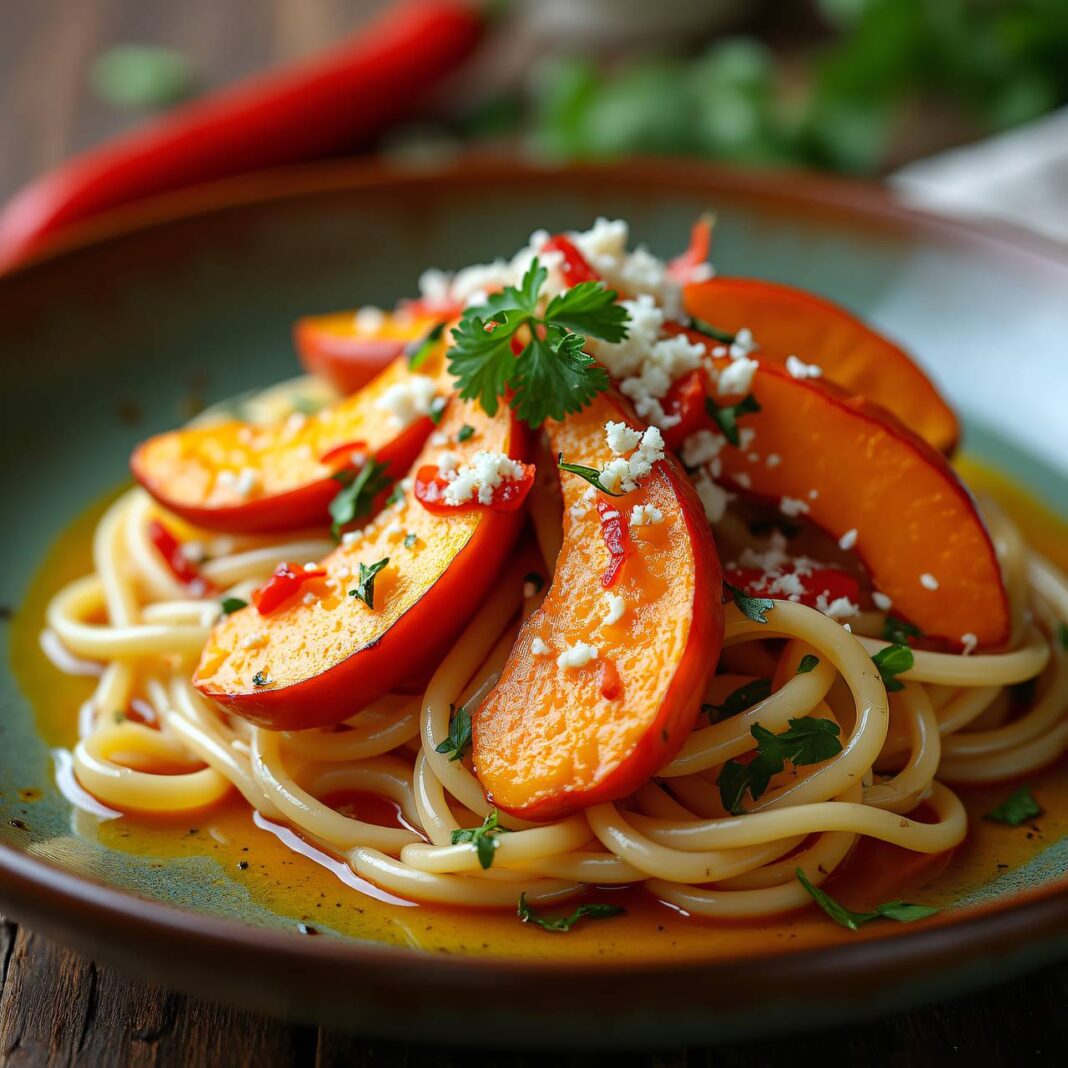 Rohrkürbis auf Nudeln mit Paprika-Öl Rezept Rohrkürbis auf Nudeln mit Paprika-Öl Rezept