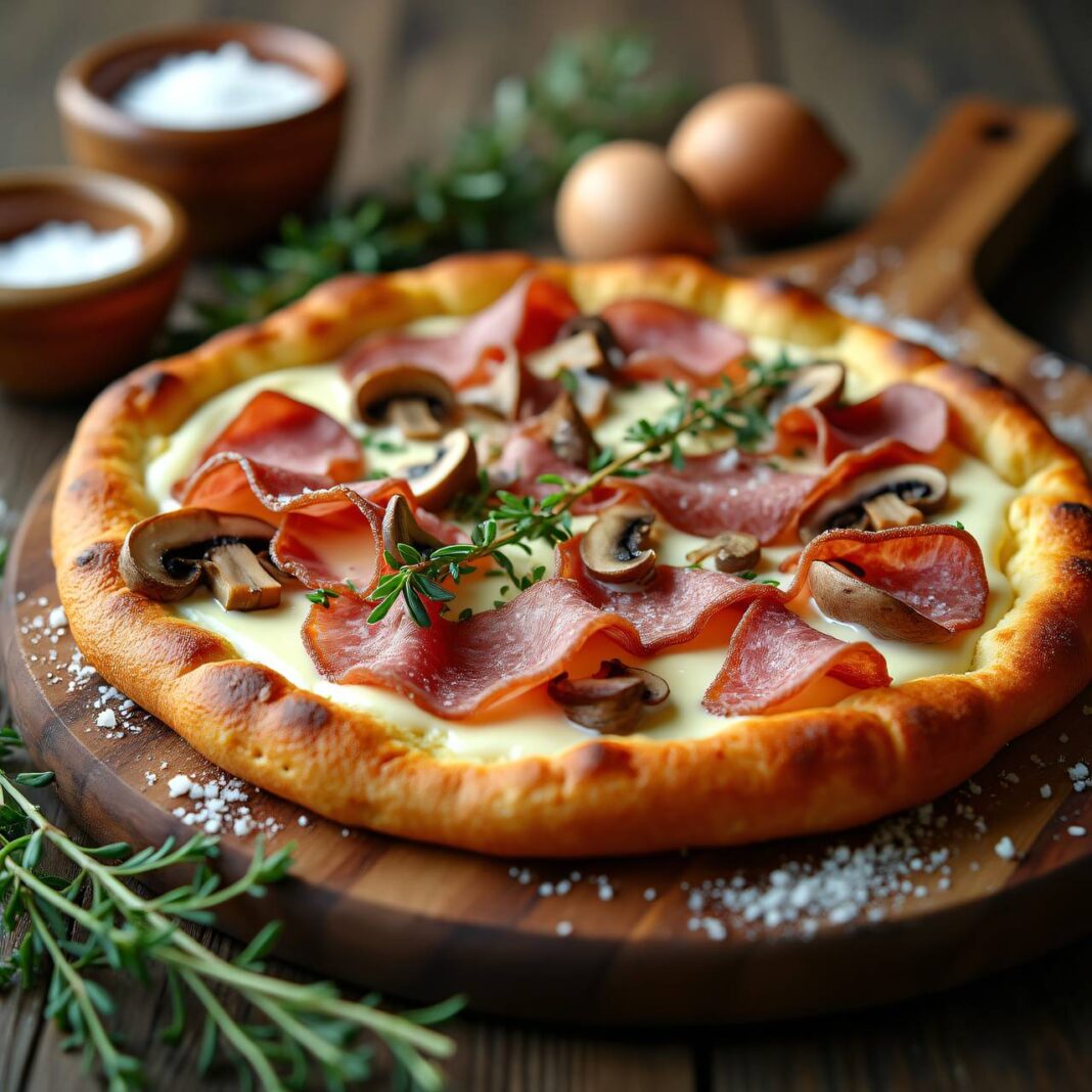 Rohschinken-Pilz-Flammkuchen Rezept Rohschinken-Pilz-Flammkuchen Rezept