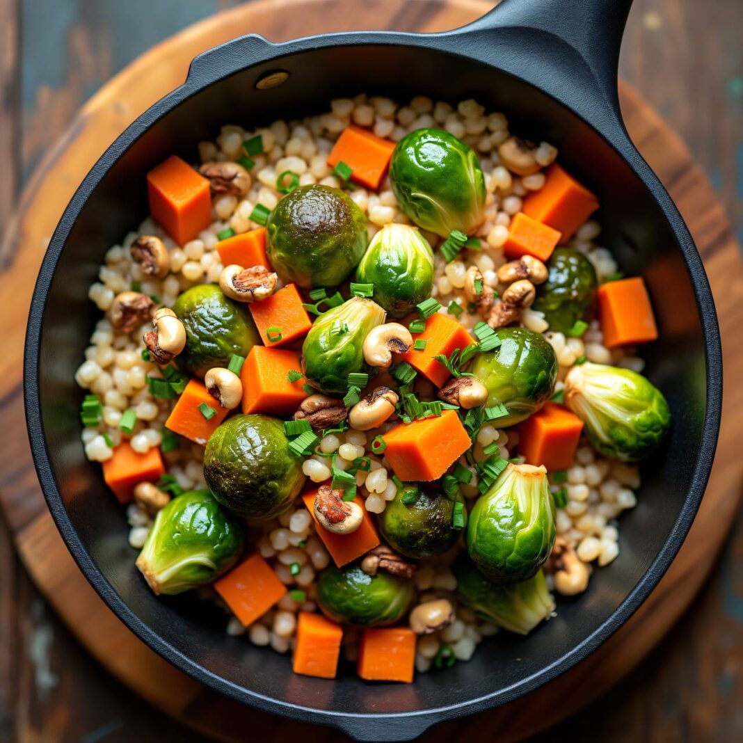 Rosenkohlpfanne mit Grünkern und Haselnüssen Rezept Rosenkohlpfanne mit Grünkern und Haselnüssen Rezept