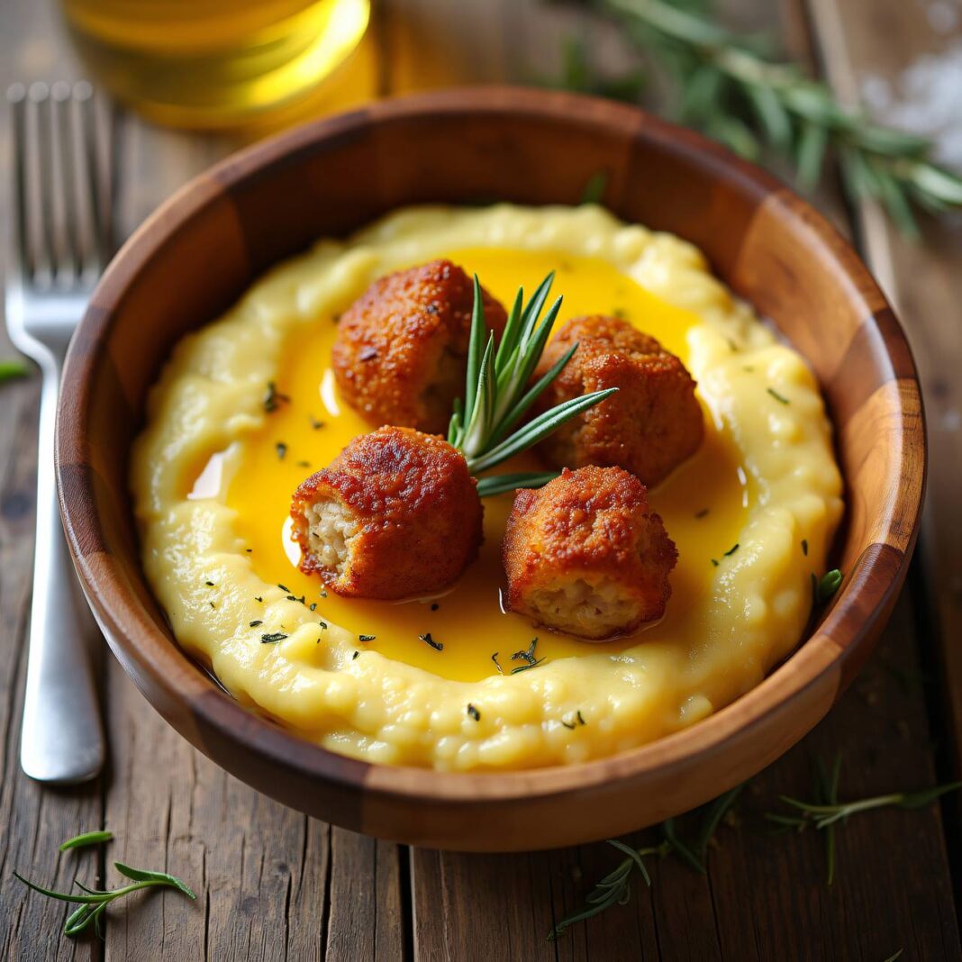 Rosmarin-Polenta mit Bratwurstbällchen Rezept Rosmarin-Polenta mit Bratwurstbällchen Rezept