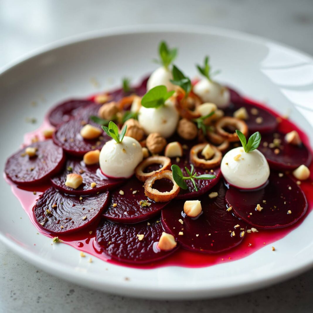 rote Rüben-Carpaccio mit Nüssen und Mozzarella Rezept rote Rüben-Carpaccio mit Nüssen und Mozzarella Rezept