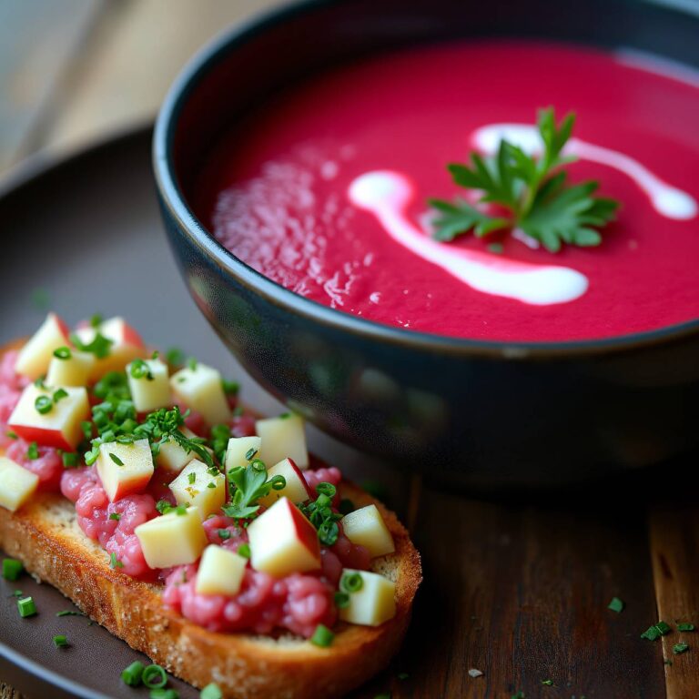rote Rüben-Ingwer-Suppe mit Forellentatar Rezept