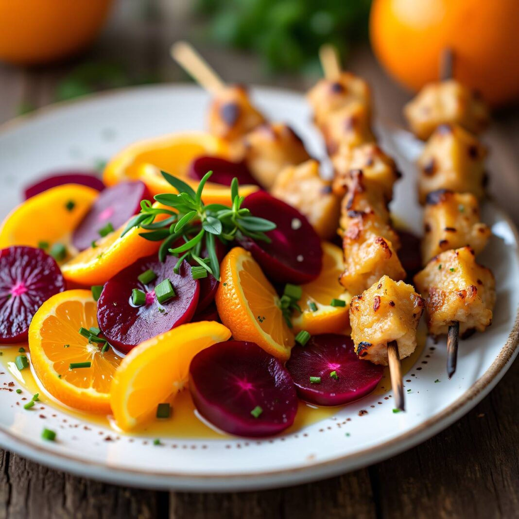 rote Rüben-Orangensalat mit Kalbsspiessen Rezept rote Rüben-Orangensalat mit Kalbsspiessen Rezept