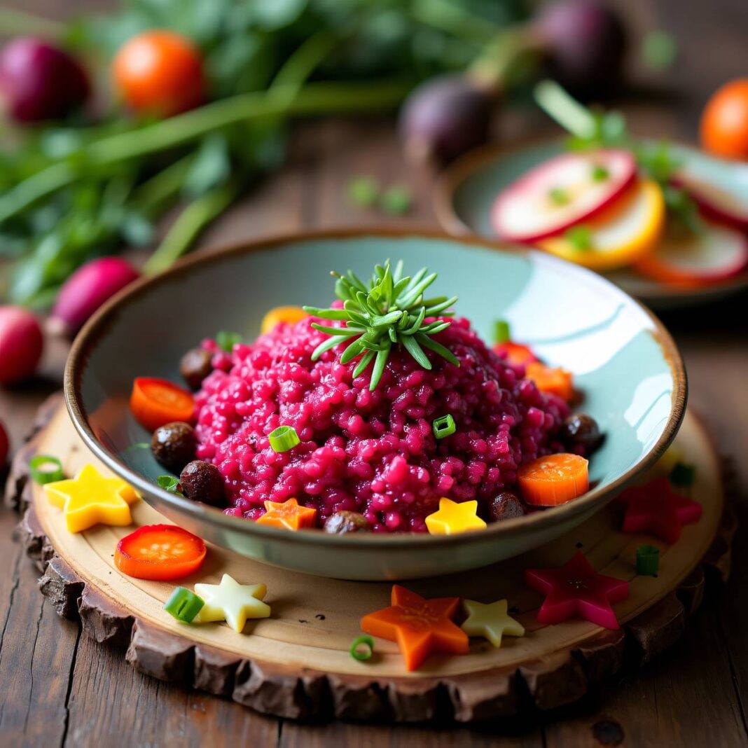 rote Rüben-Risotto mit Gemüsesternen Rezept rote Rüben-Risotto mit Gemüsesternen Rezept