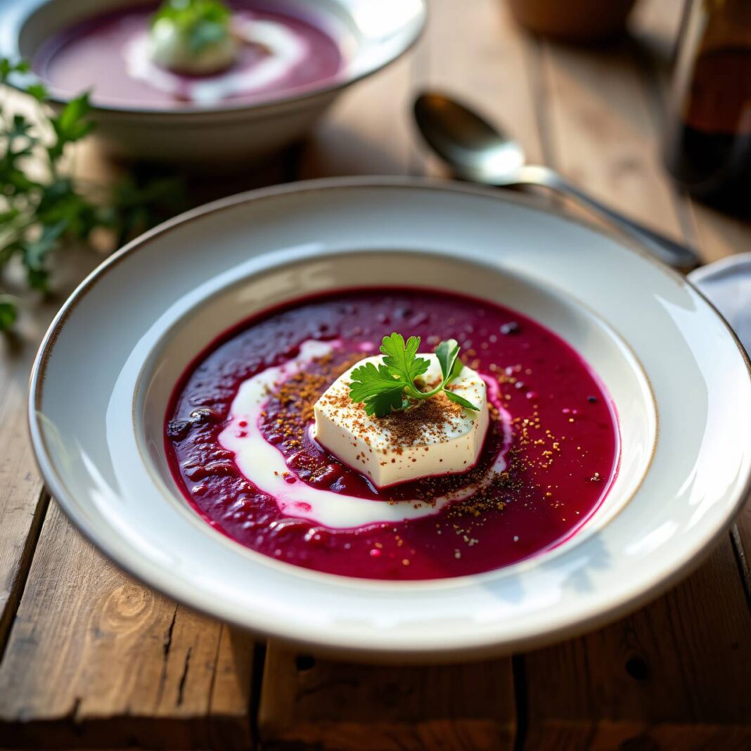 rote Rüben-Sellerie-Suppe mit gewürztem Hüttenkäse Rezept rote Rüben-Sellerie-Suppe mit gewürztem Hüttenkäse Rezept