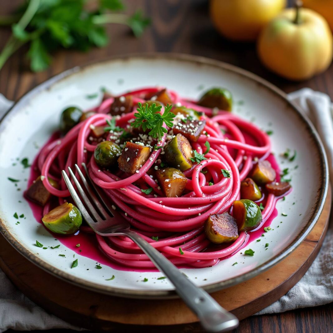 rote Rübenpasta mit Rosenkohl, Maroni und Birnen Rezept rote Rübenpasta mit Rosenkohl, Maroni und Birnen Rezept