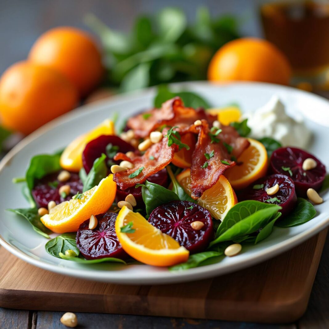 rote Rübensalat mit Spinat, Orangen und Speck Rezept rote Rübensalat mit Spinat, Orangen und Speck Rezept