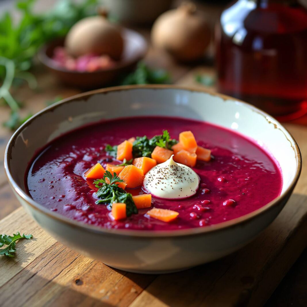 Rote Rübensuppe mit geräucherten Forellen Rezept Rote Rübensuppe mit geräucherten Forellen Rezept