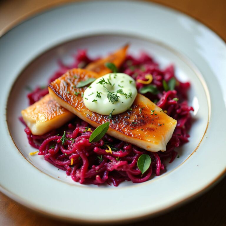 Rote Sauerkrautvorspeise mit geräuchertem Fisch und Meerrettich Rezept
