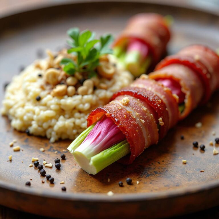 Roter Chicorée im Speckmantel mit Haselnuss-Risotto Rezept