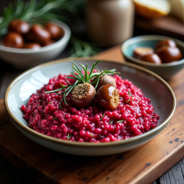 Roter Dinkel-Risotto mit Rosmarin und karamellisierten Kastanien Rezept
