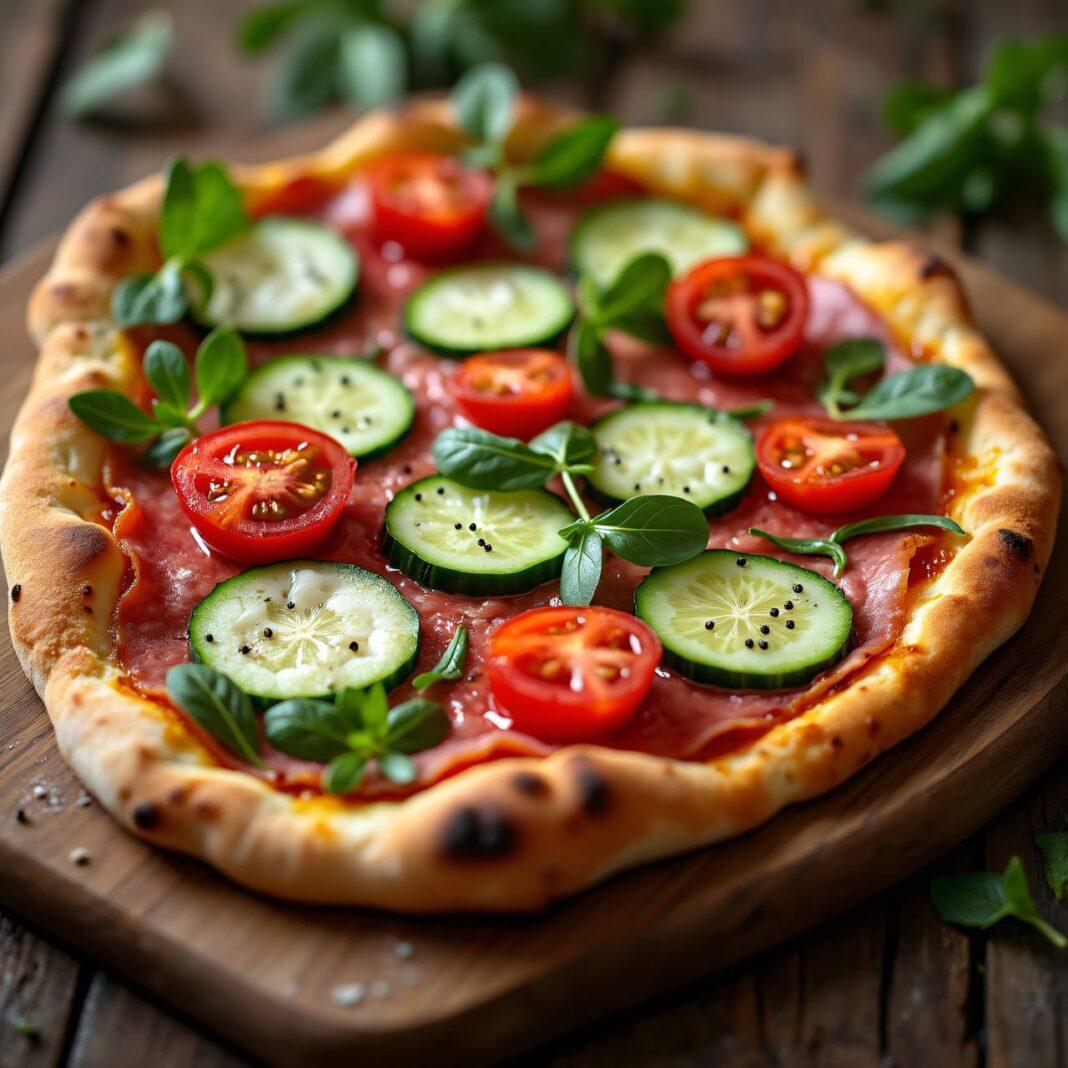 Rucola-Pizzafladen mit Gurken und Trockenfleisch Rezept Rucola-Pizzafladen mit Gurken und Trockenfleisch Rezept