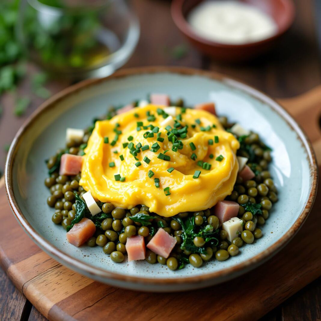 Rühreier mit Tomme auf grünen Linsen Rezept Rühreier mit Tomme auf grünen Linsen Rezept