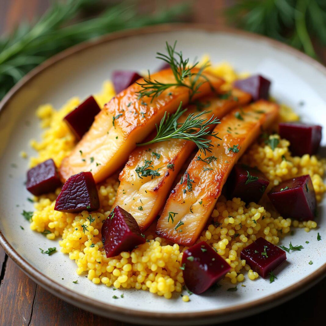 Safran-Couscous mit Fisch und roten Rüben Rezept Safran-Couscous mit Fisch und roten Rüben Rezept