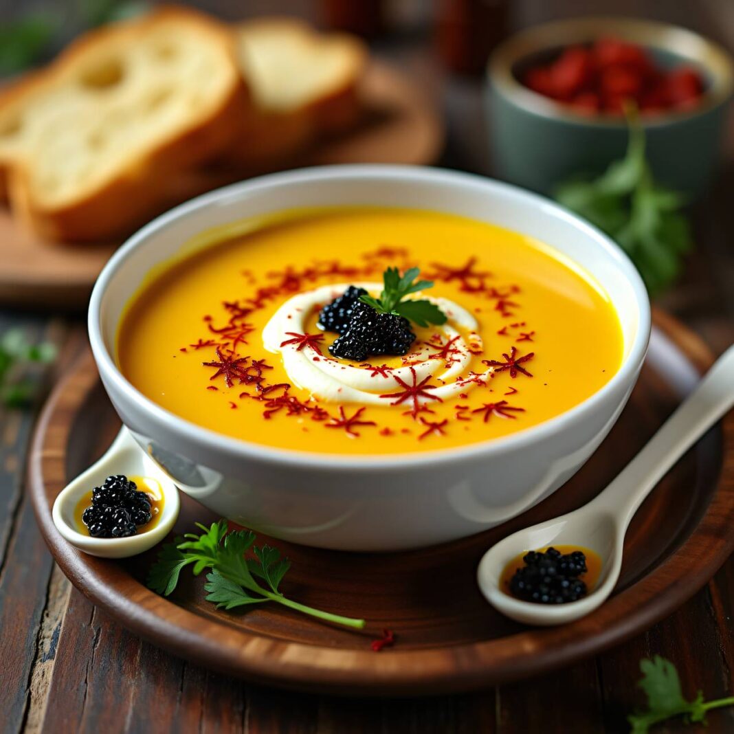 Safran-Crèmesuppe mit Kaviar Rezept Safran-Crèmesuppe mit Kaviar Rezept