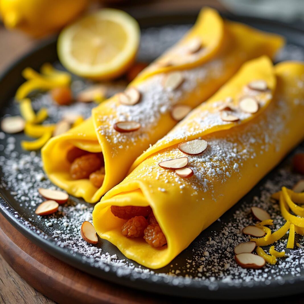 Safran-Crêpes mit Zitronenquark Rezept Safran-Crêpes mit Zitronenquark Rezept
