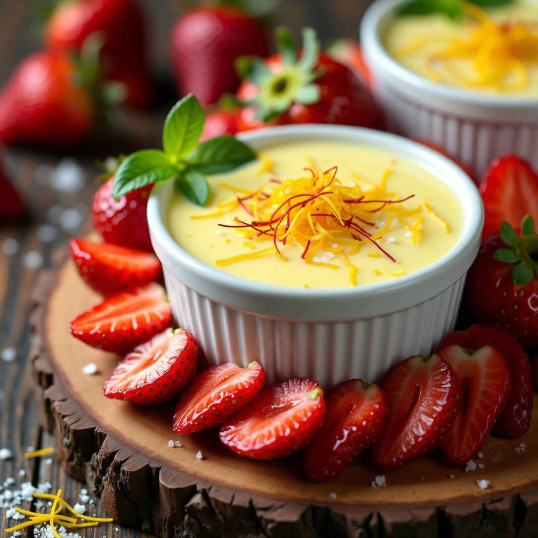 Safran-Zitronen-Joghurtköpfli mit Erdbeeren Rezept Safran-Zitronen-Joghurtköpfli mit Erdbeeren Rezept