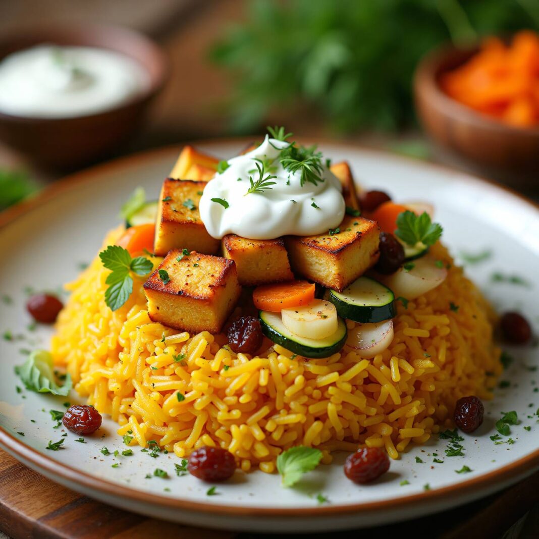 Safranreis mit Tofu und Joghurt Rezept Safranreis mit Tofu und Joghurt Rezept