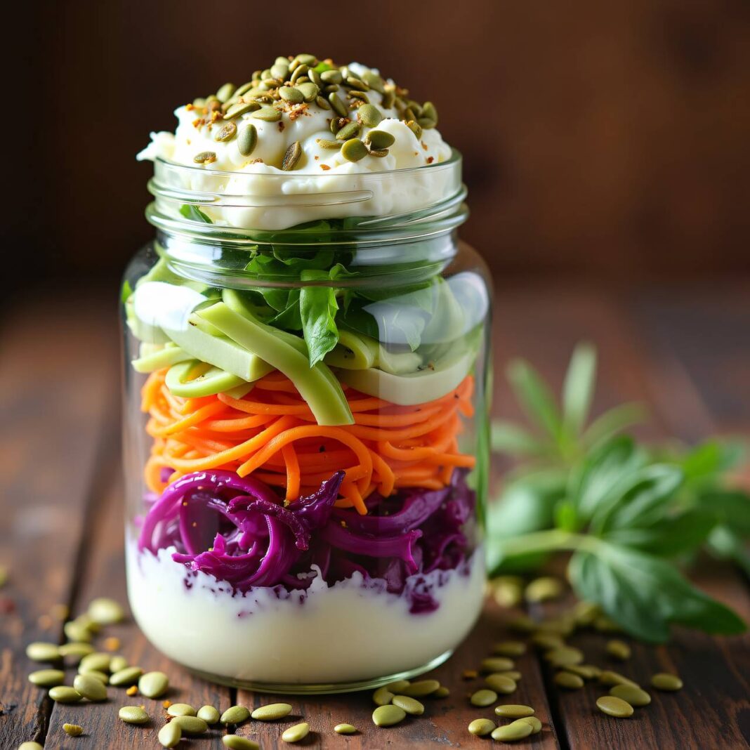 Salat im Glas mit Hüttenkäse und Kürbiskernen Rezept Salat im Glas mit Hüttenkäse und Kürbiskernen Rezept