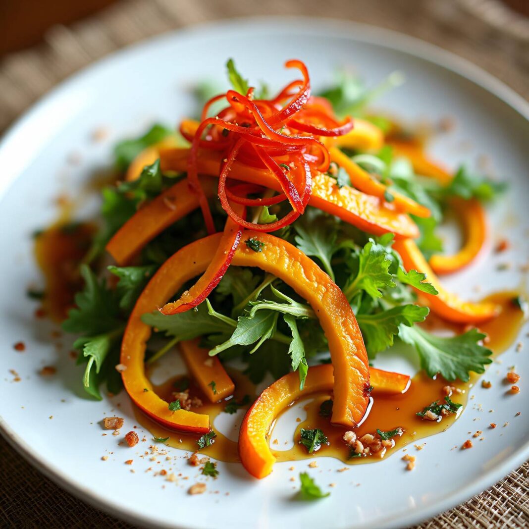 Salat mit gebratenen Kürbisstreifen Rezept Salat mit gebratenen Kürbisstreifen Rezept