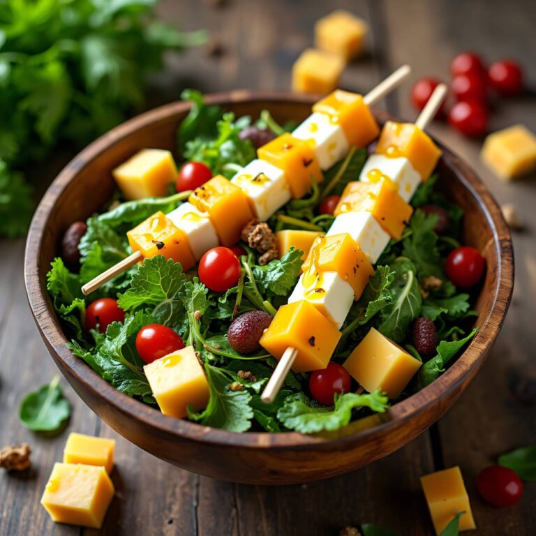 Salat mit Käsespießen und Kümmel-Vinaigrette Rezept