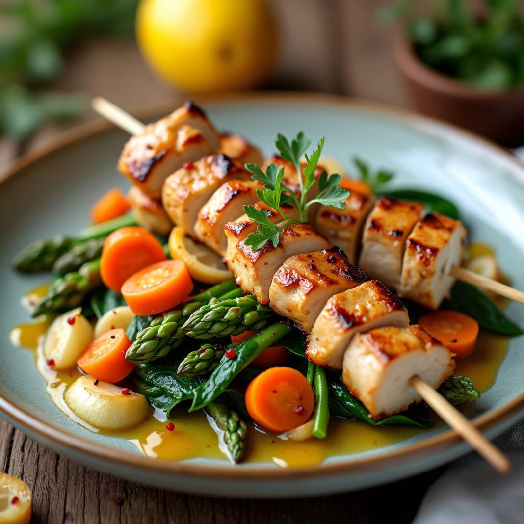 Satay-Spieße vom Grill auf Frühlingsgemüse Rezept Satay-Spieße vom Grill auf Frühlingsgemüse Rezept