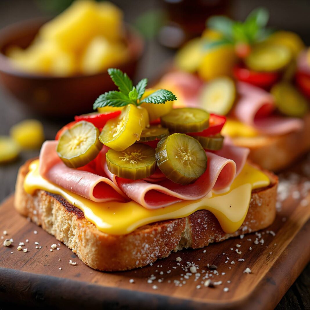Schinken-Raclette-Toast mit Mixed Pickles Rezept Schinken-Raclette-Toast mit Mixed Pickles Rezept