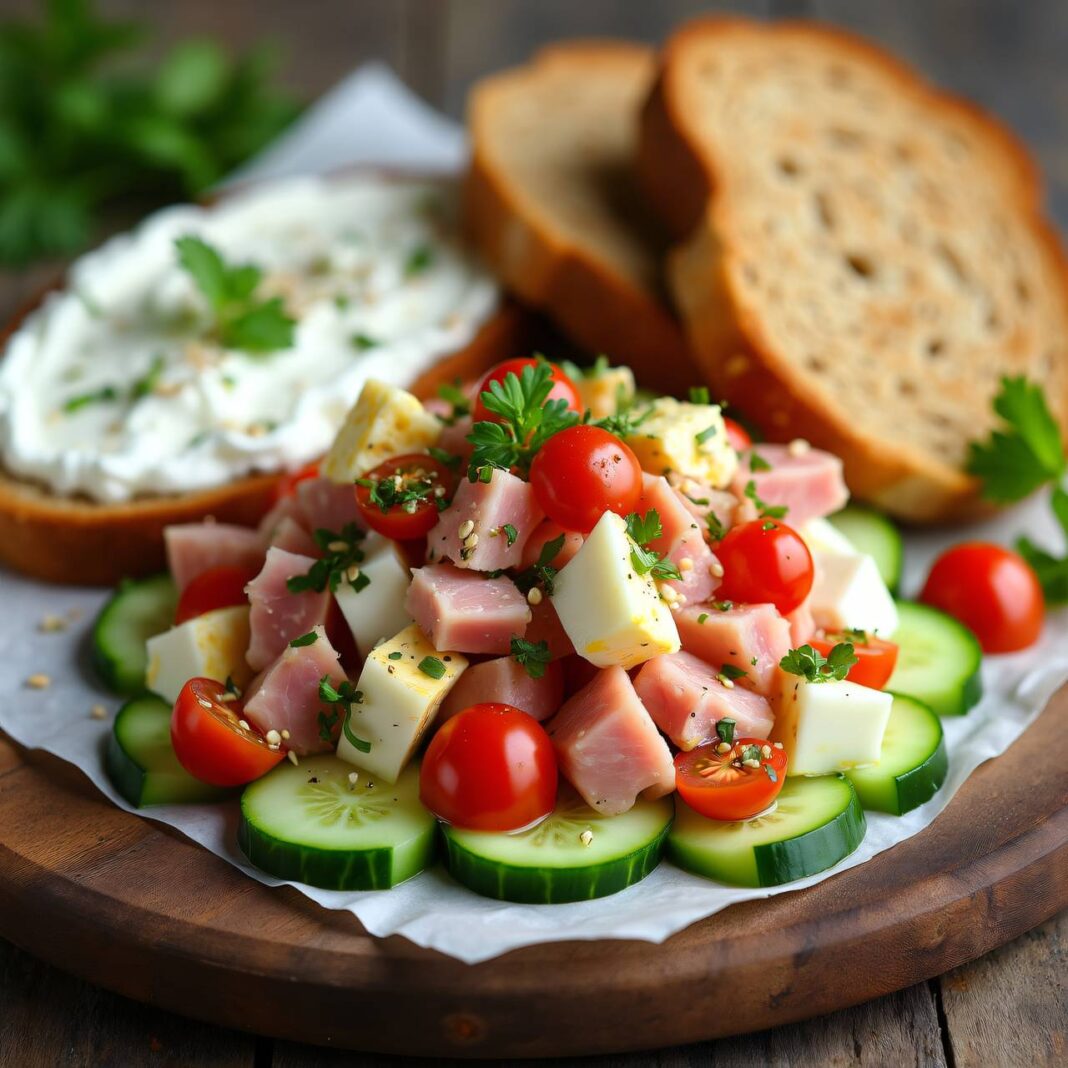 Schinkensalat auf Gurke und Quarkbrot (Low Carb) Rezept Schinkensalat auf Gurke und Quarkbrot (Low Carb) Rezept