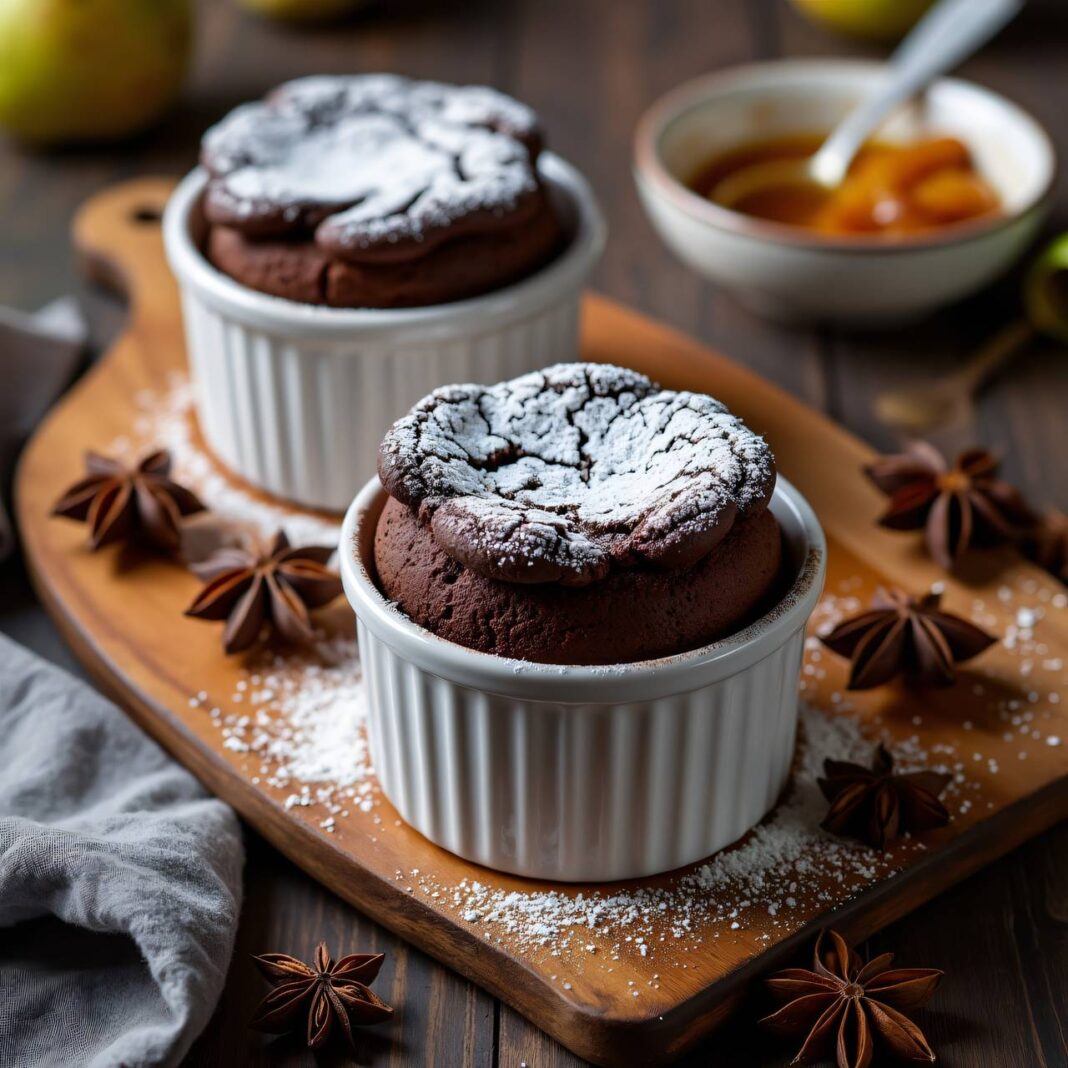 Schokolade-Auflauf mit Sternanis-Birnen-Kompott Rezept Schokolade-Auflauf mit Sternanis-Birnen-Kompott Rezept
