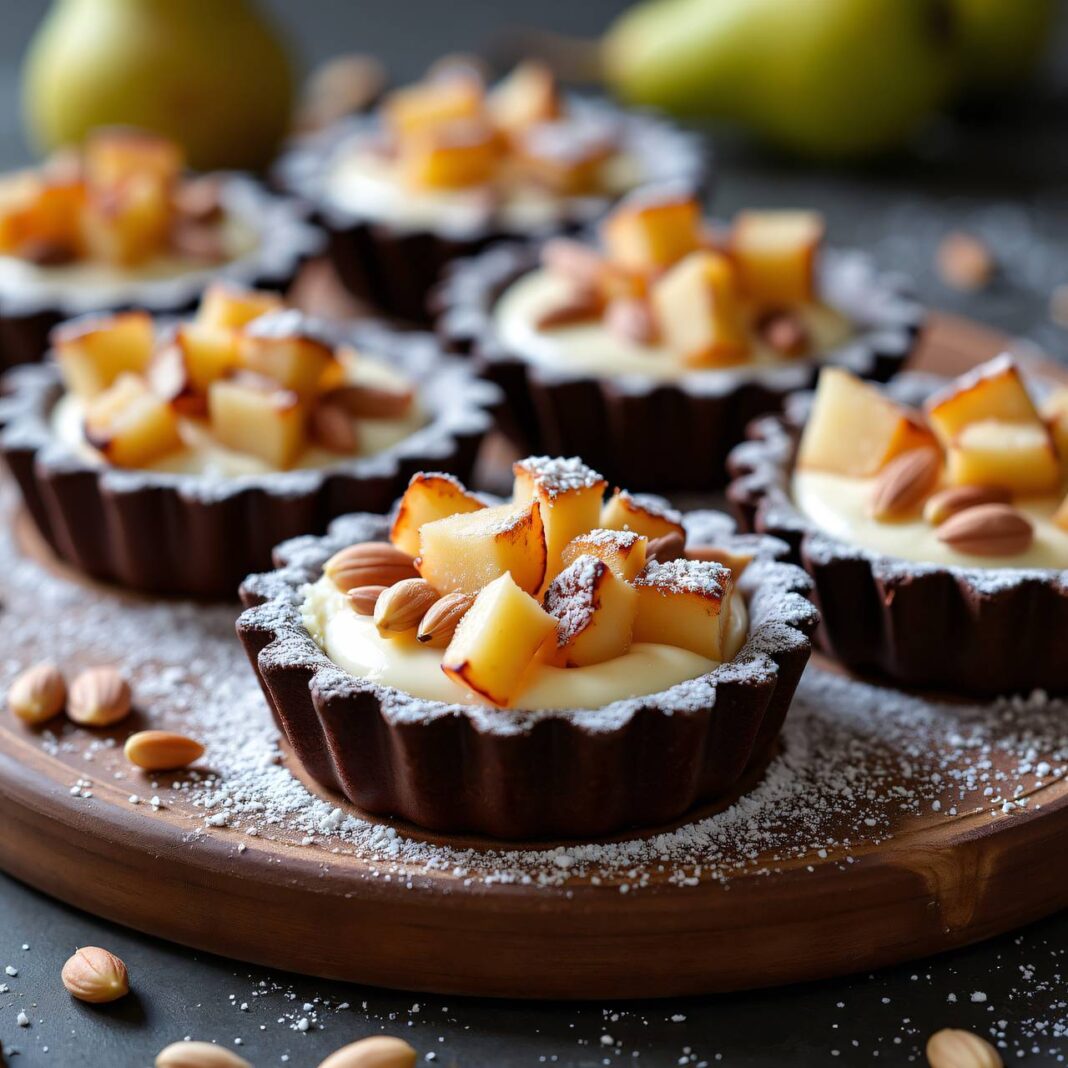 Schokoladen-Birnen-Tartelettes mit Crème fraîche Rezept Schokoladen-Birnen-Tartelettes mit Crème fraîche Rezept