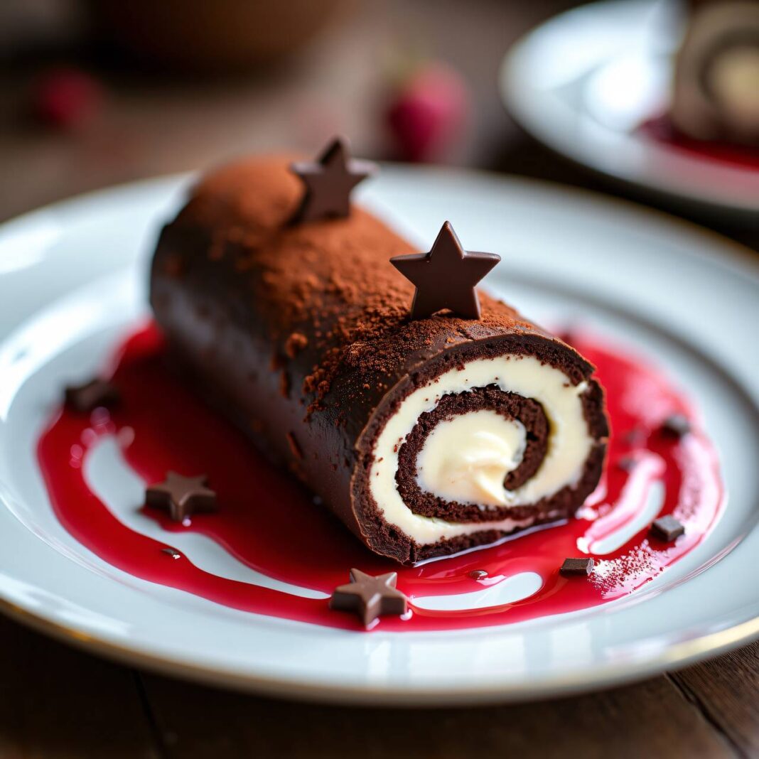 Schokoladen-Biscuit mit Parfaitfüllung an Hagebuttensauce Rezept Schokoladen-Biscuit mit Parfaitfüllung an Hagebuttensauce Rezept